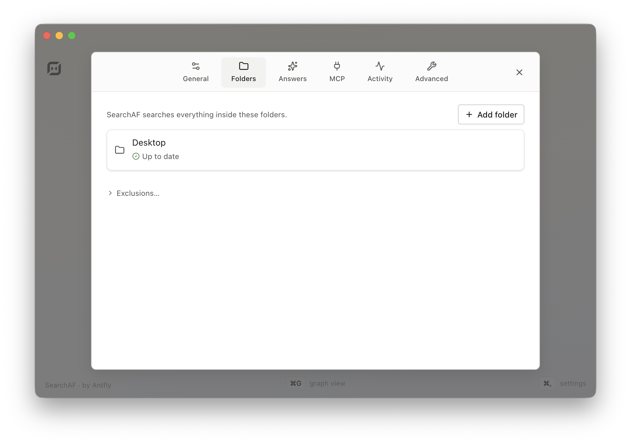 The Folders pane in SearchAF settings, with an Add folder button in the top right