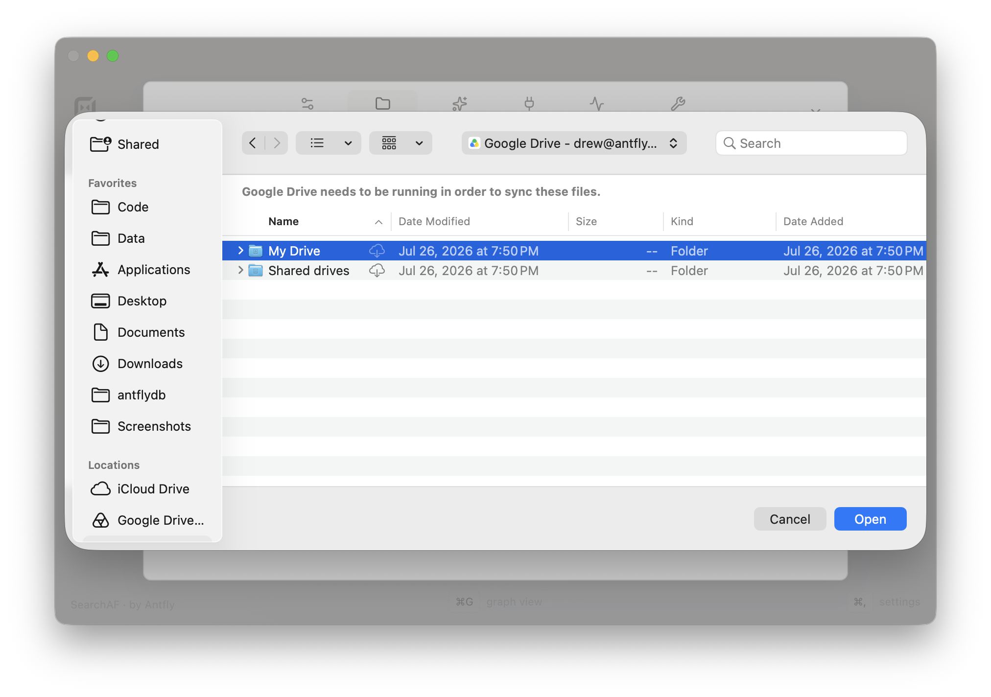 The macOS file picker showing Google Drive, with My Drive selected